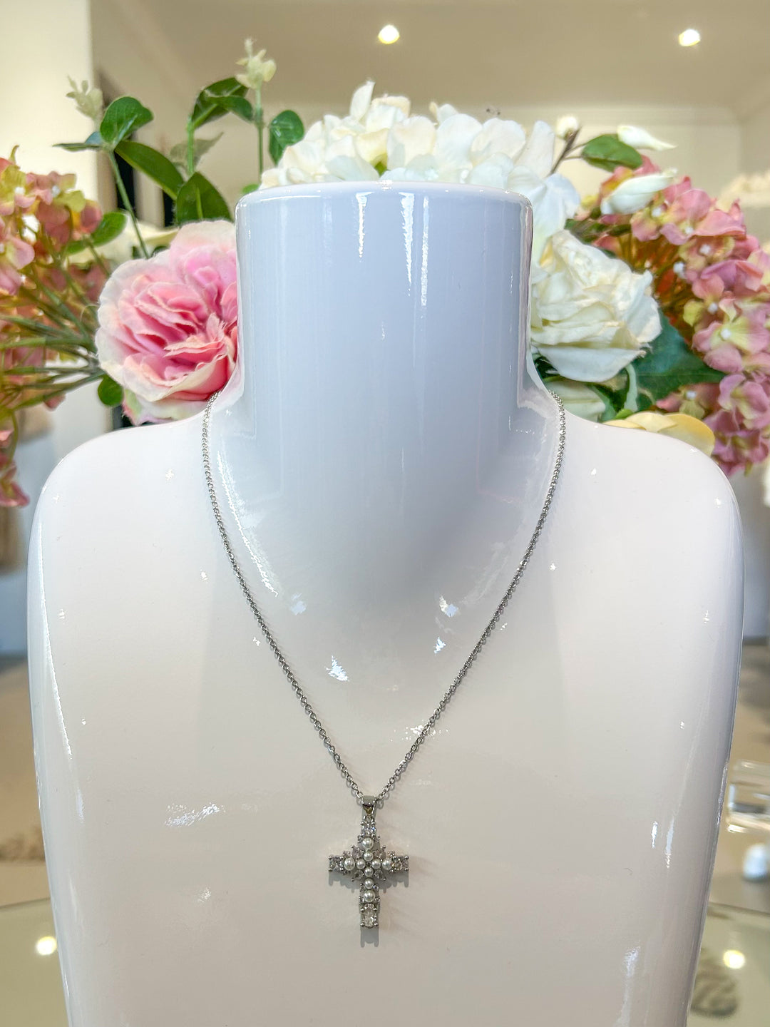 Delicate Silver Necklace With A Pearl/Diamante Encrusted Cross Pendant