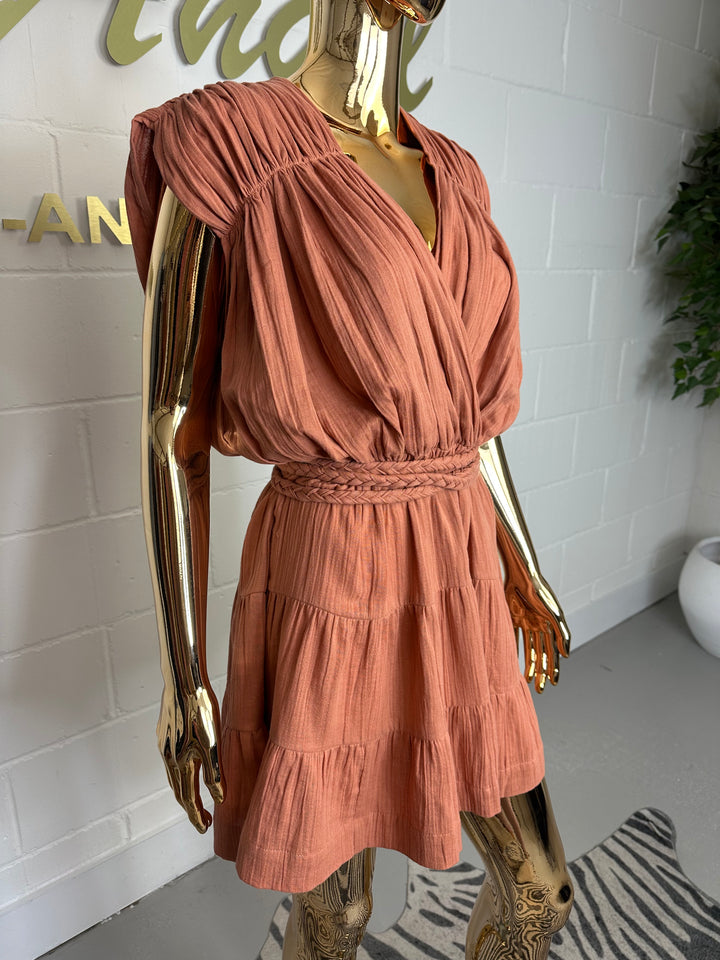 Terracotta Smocked V-neck Top Tiered Bottom Belted Dress