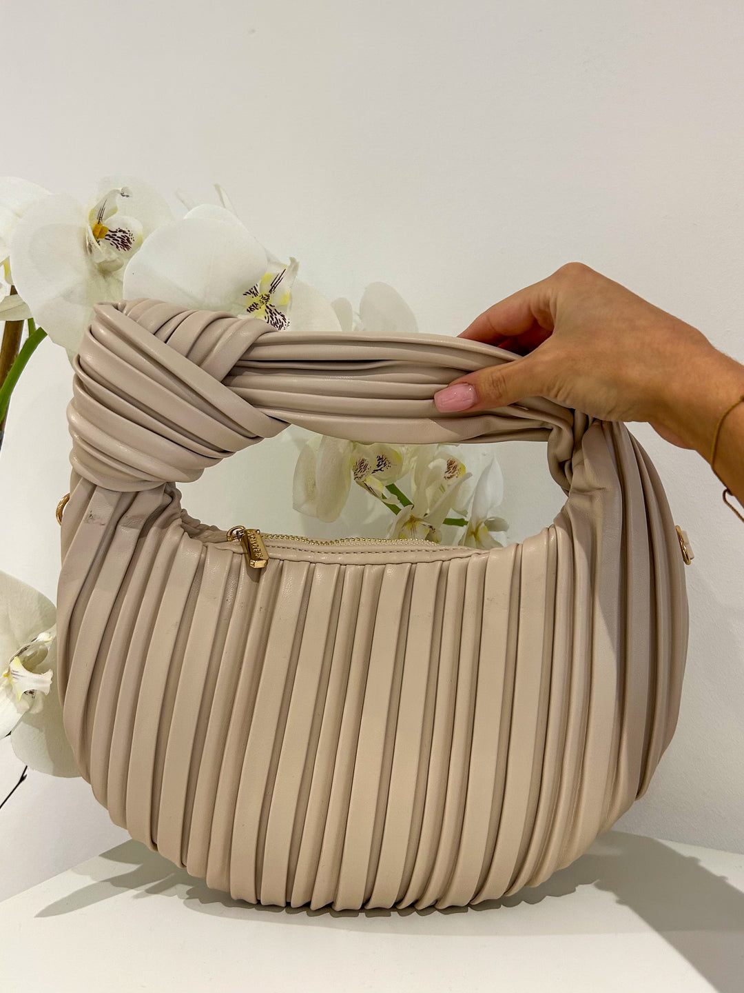 Beige Faux Leather Knot Pleated Bag