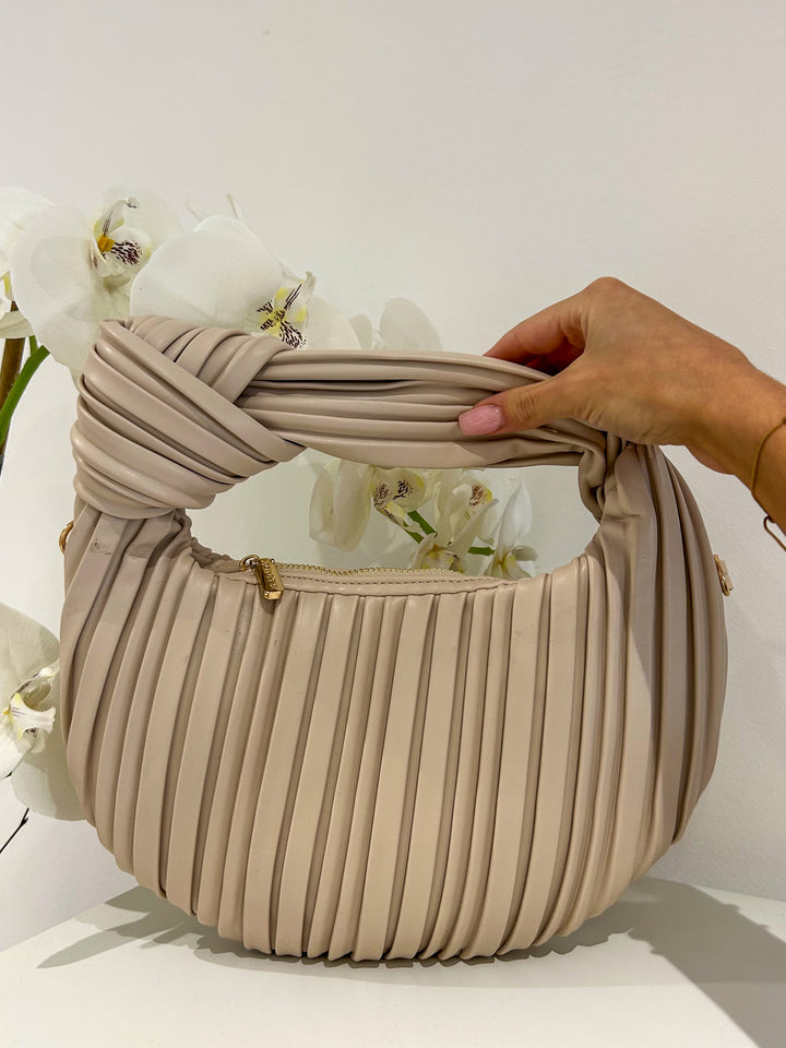 Beige Faux Leather Knot Pleated Bag