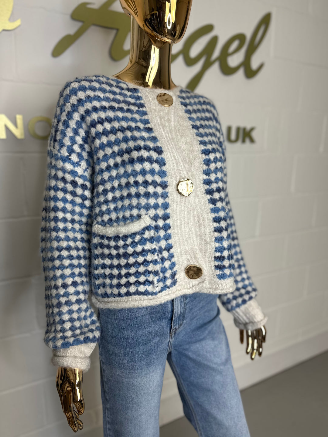 Blue/White Thick Knit Checked Gold Button Cardigan