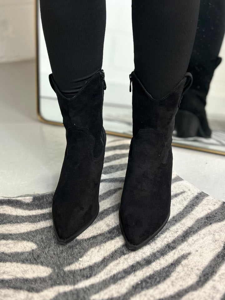 Black Faux Suede Ankle Cowboy Boots