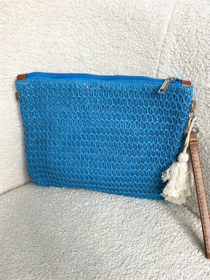Blue Woven Straw Tassel Clutch Bag 8602
