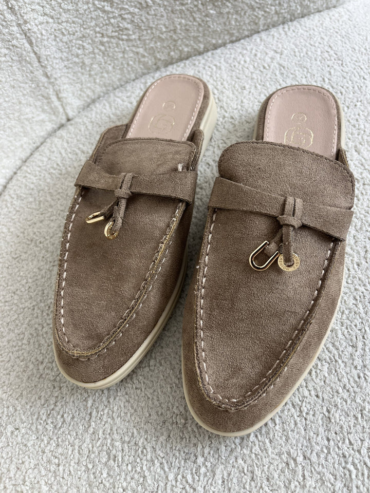 Suede Loafer Sliders With Gold Charm Detail  ( 2 Colours )