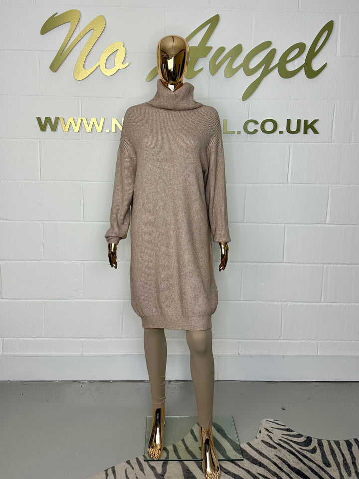 Taupe High Neck Ribbed Jumper Dress