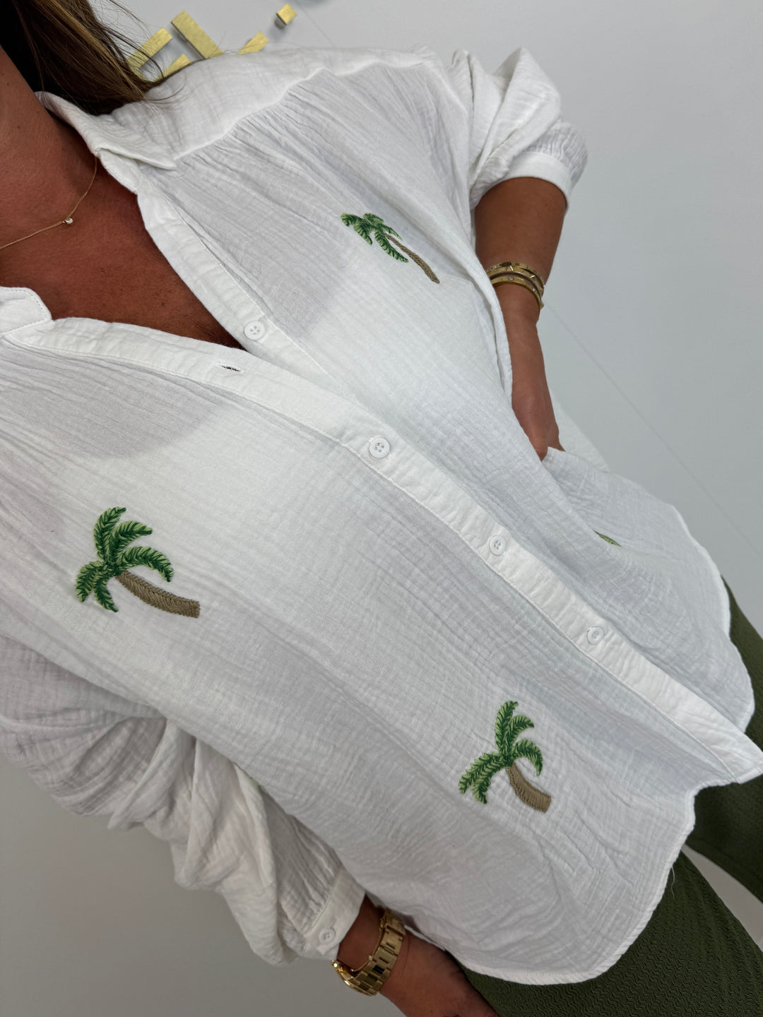 White Cheesecloth Palm Tree Print Shirt