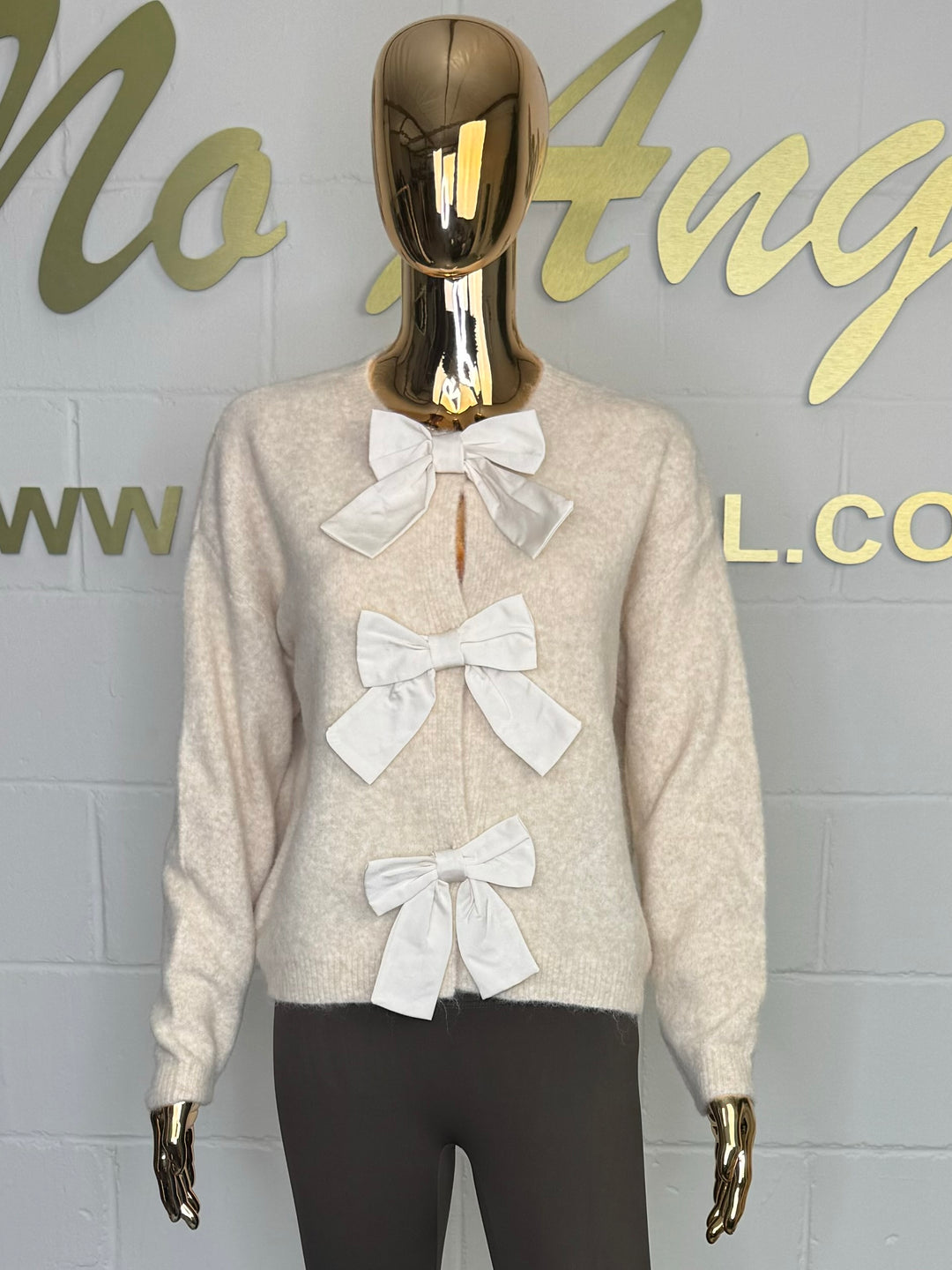 Beige Soft Knit Triple Bow Cardigan