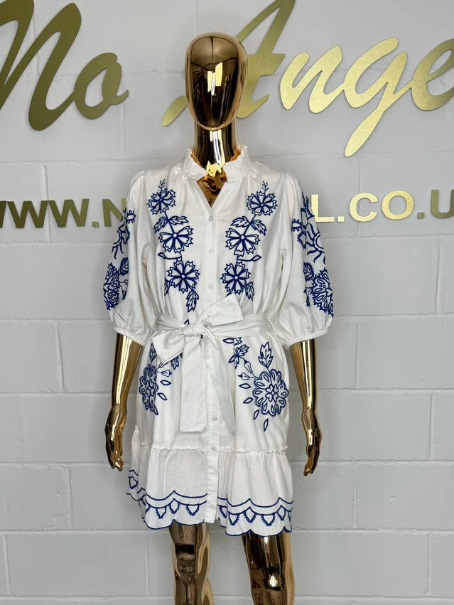 White Button Up Tie Navy Embroidered Balloon Sleeve Dress