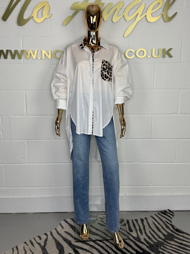 White Oversize Shirt With Leopard Diamante Pocket