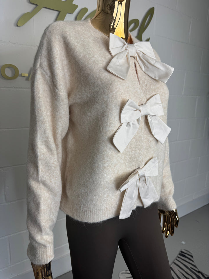 Beige Soft Knit Triple Bow Cardigan