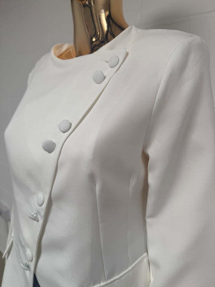 White Shoulder Asymmetric Button Blazer