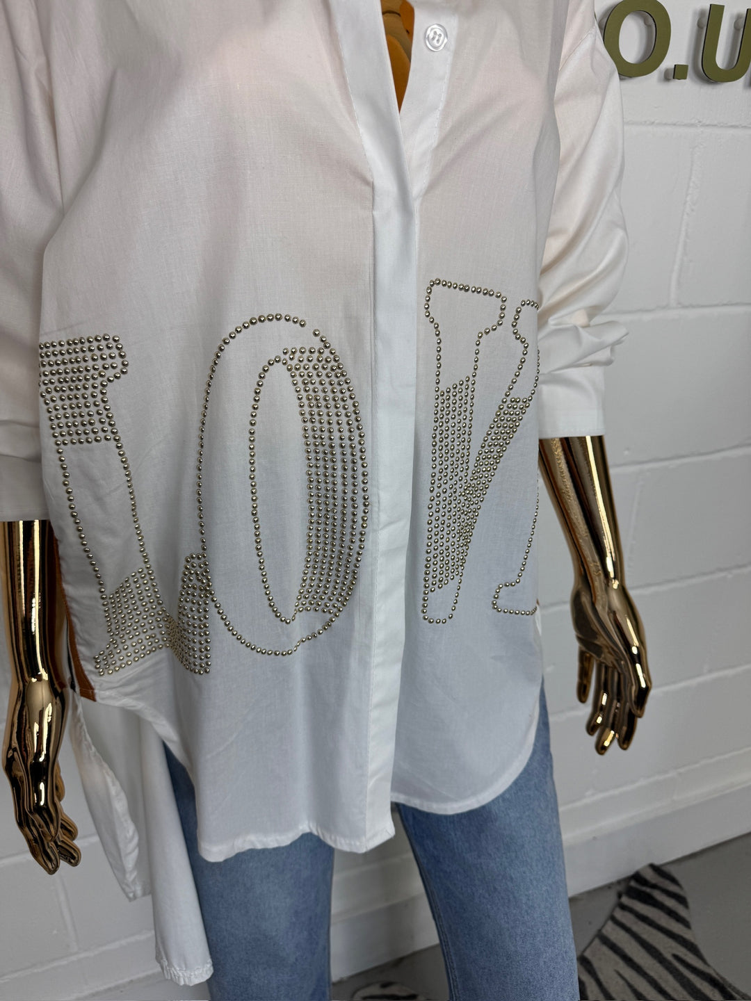 White Gold Studded LOVE Oversize Shirt