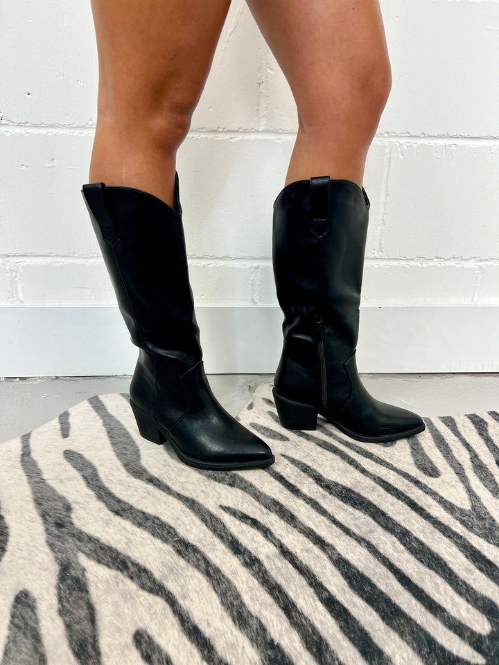 Black Faux Leather Western Cowboy Boots