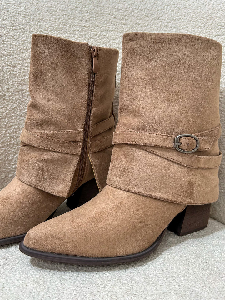 Camel Fold Over Buckle Boots