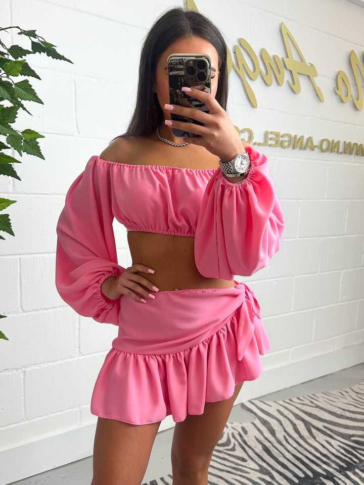 Pink bardot puff sleeve top and frilly tie skirt co-ord
