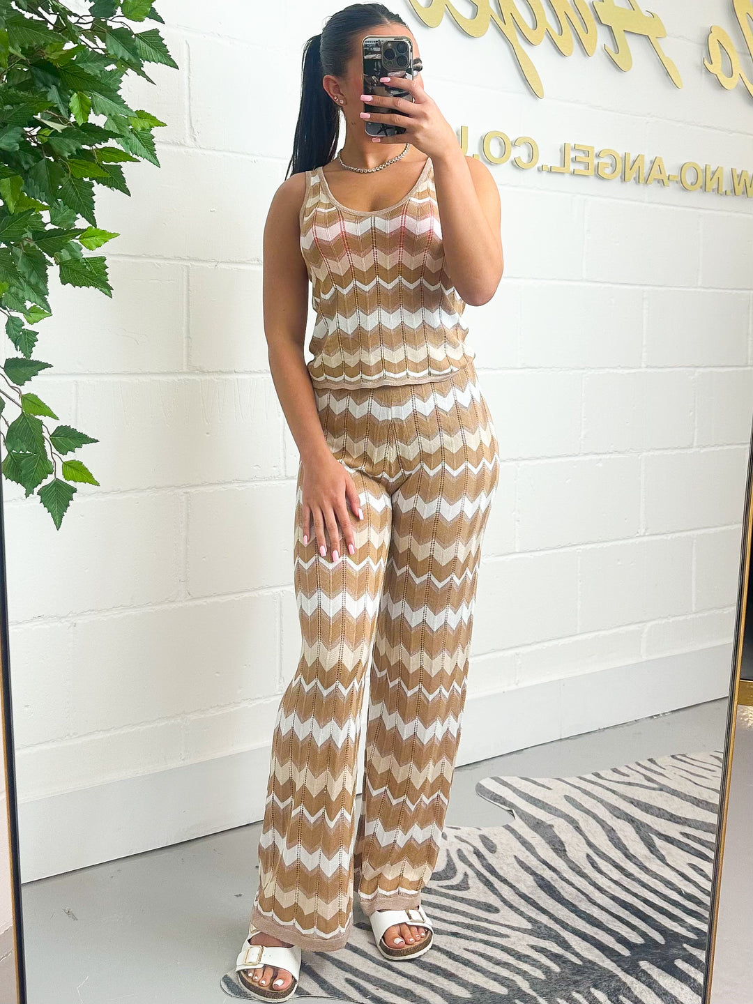 Gold/Tan/White Zigzag Flared Leg And Vest Trouser Co-ord 9989