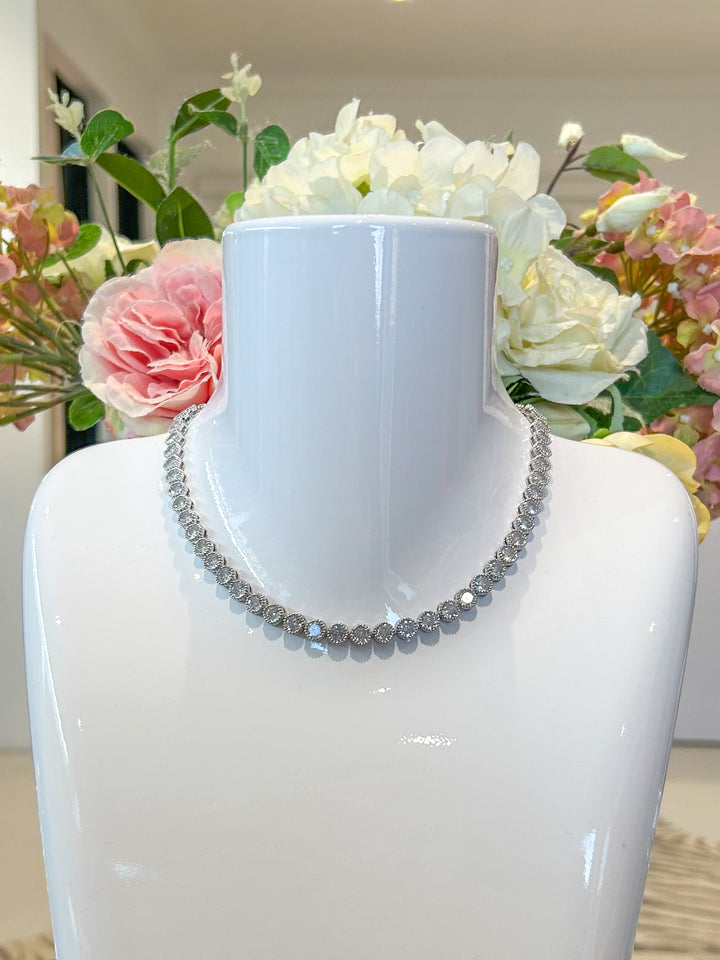 Diamanté Round Gem Tennis Necklace & Earrings Set