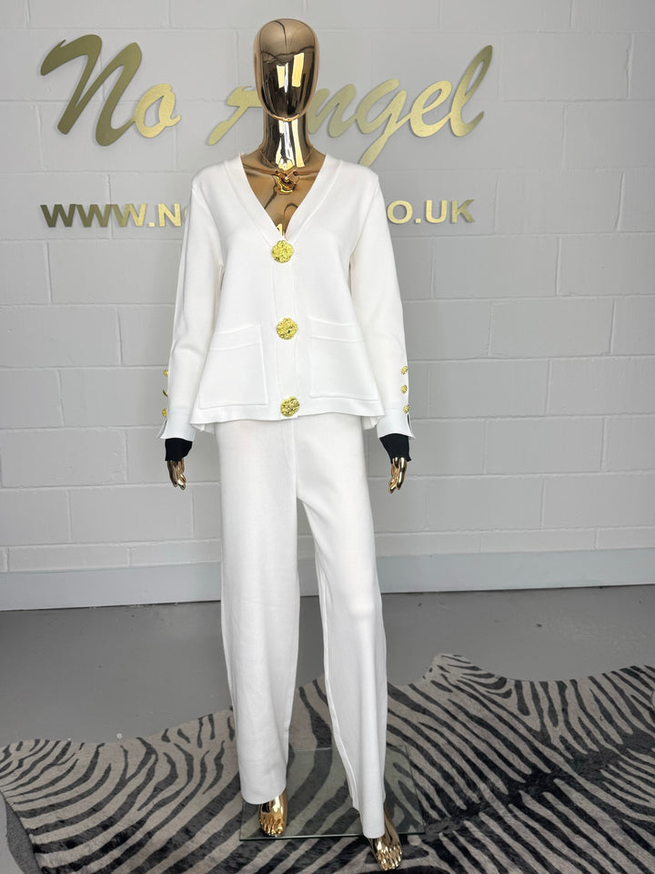 Gold Button Soft Knit Contrast Cuff Cardigan & Trouser Co-Ord (3 Colours)