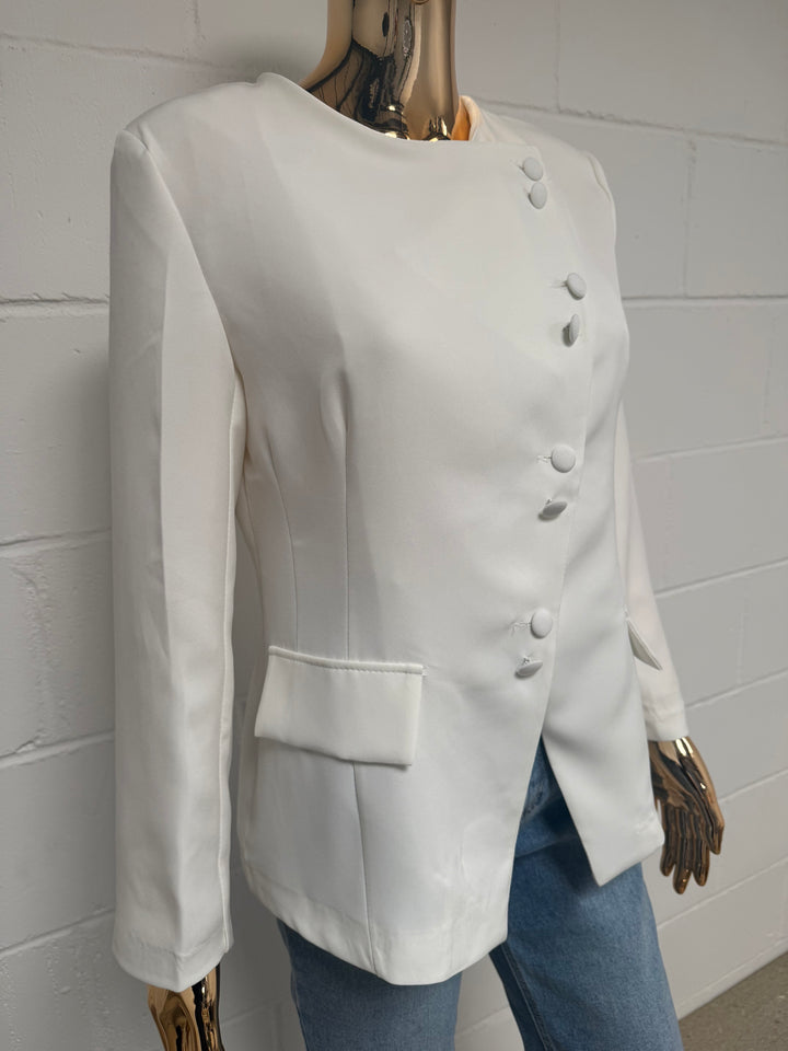 White Shoulder Asymmetric Button Blazer