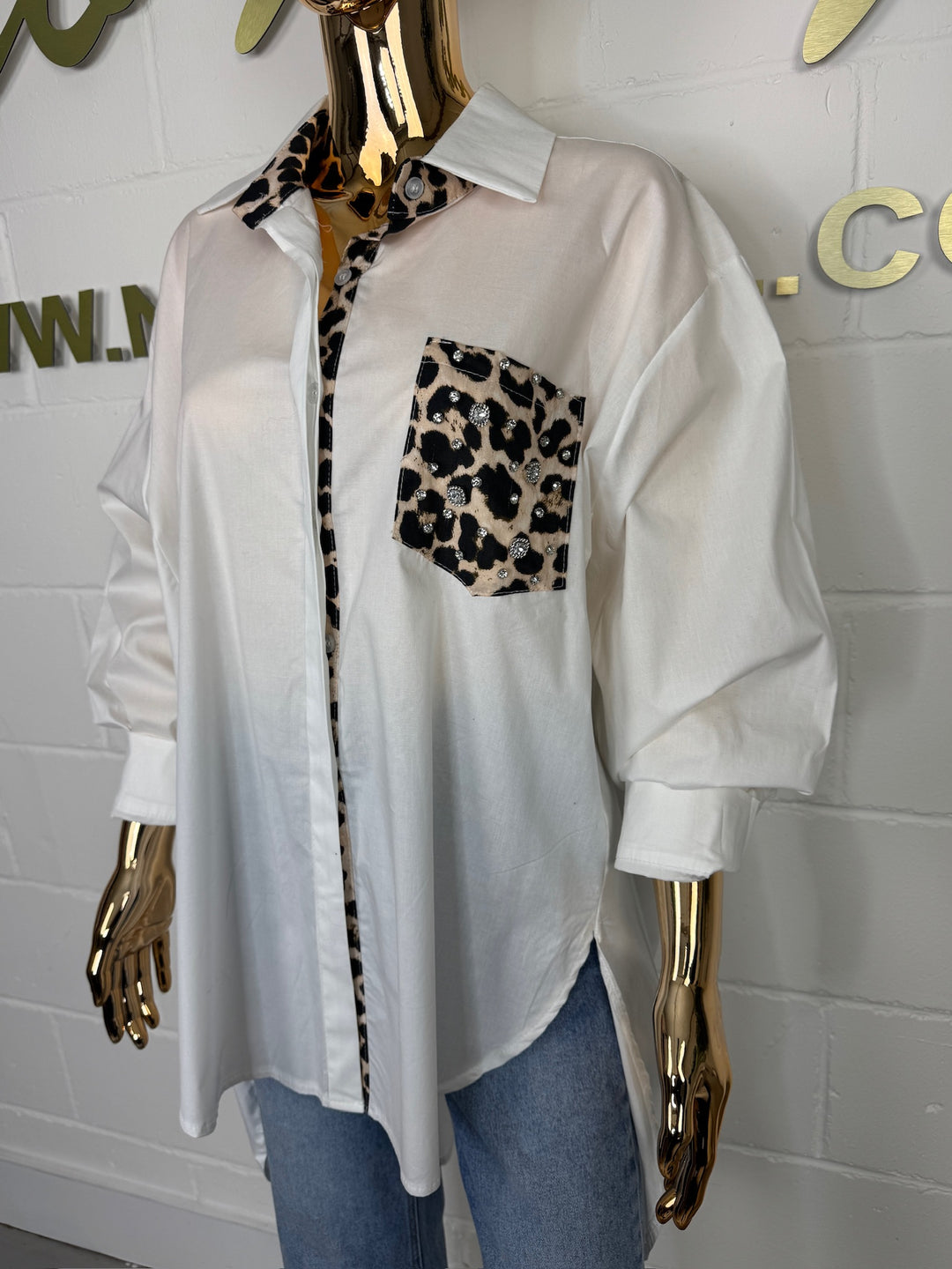 White Oversize Shirt With Leopard Diamante Pocket