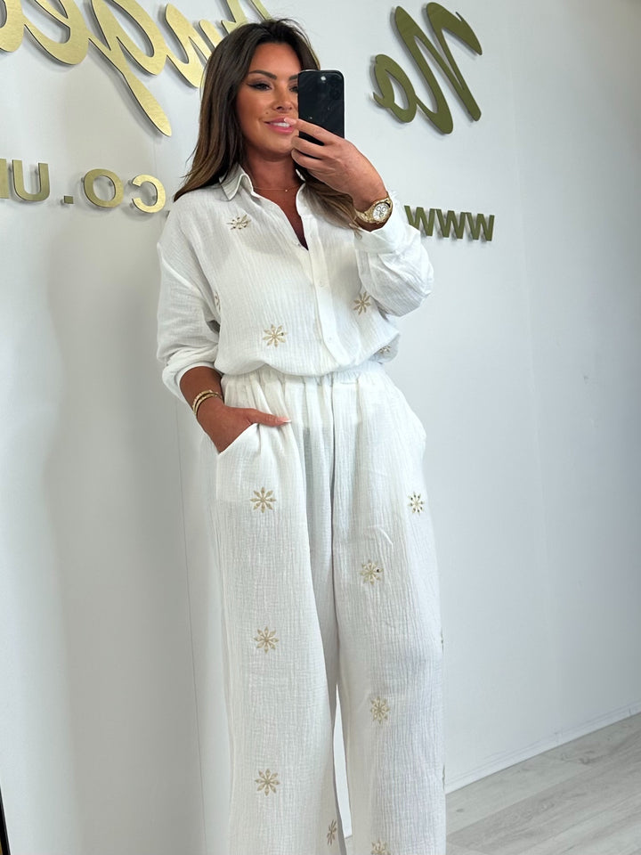 White Cheesecloth Embroidered Star Detail Button Up Shirt & Trouser Co-Ord