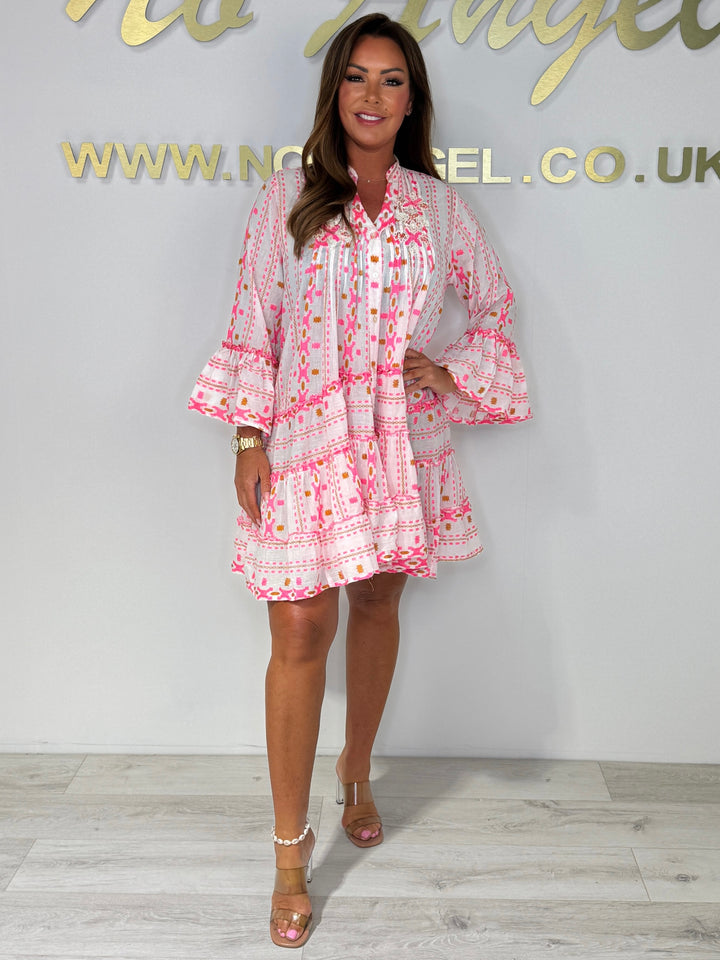 White/Neon Pink Printed Beaded Detailing Swing Dress