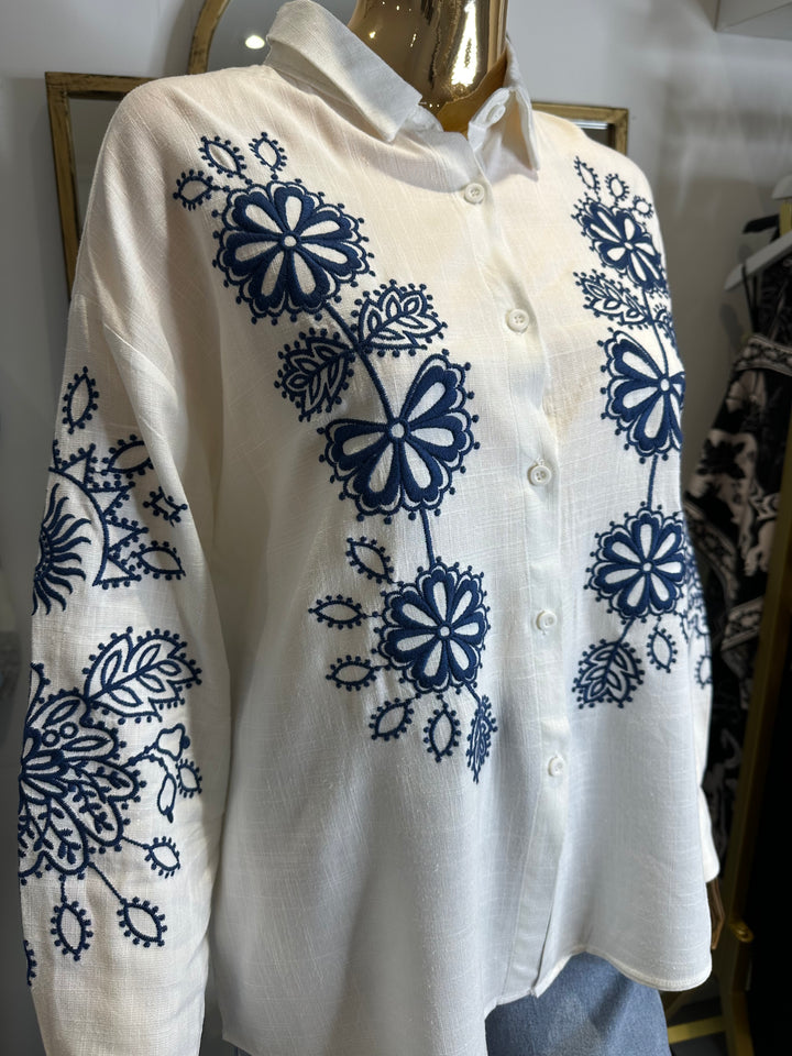 White Navy Flower Embroidered Linen Button Up Shirt