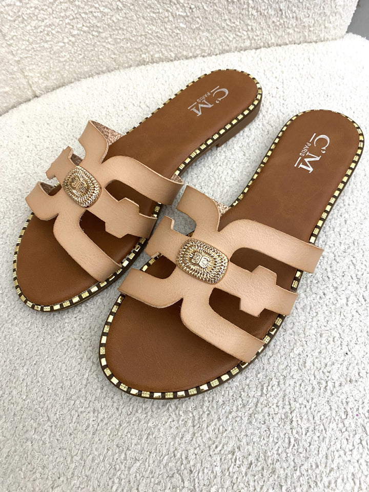 Nude & Gold Leather Look Slider Sandals 8685