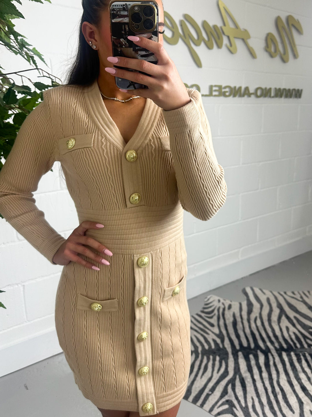 Knitted V Neck Gold Button Mini Dress ( 2 Colours )