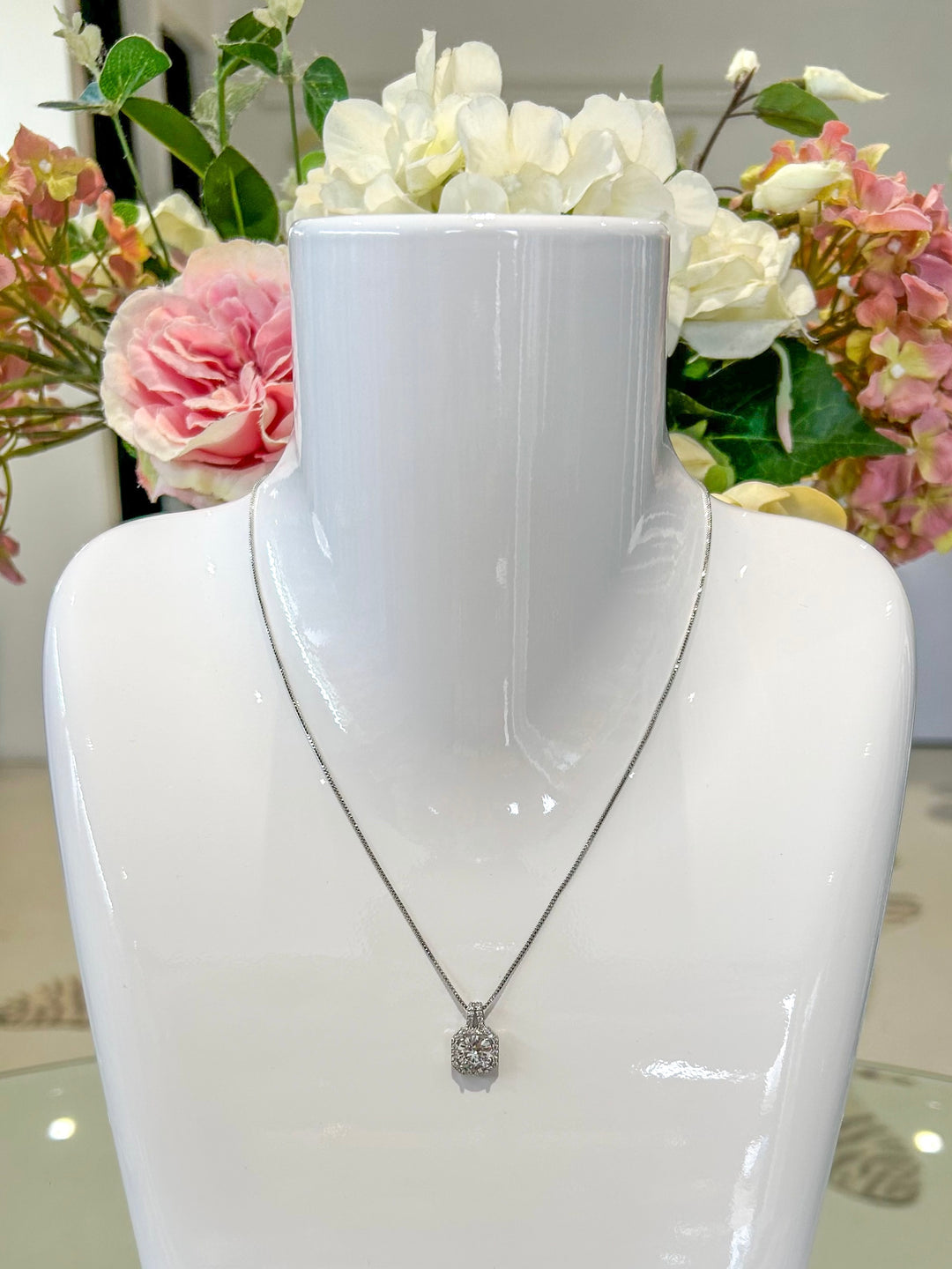 Silver Delicate Necklace With Square Gem & Diamonte Stone Pendant