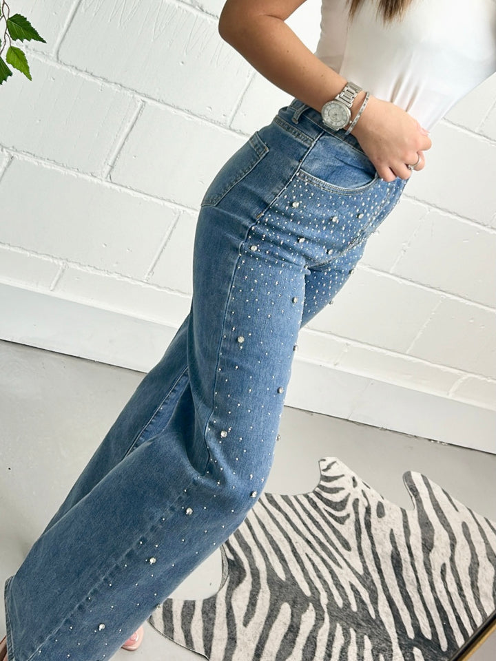 Scattered Diamante Straight Leg Blue Jeans