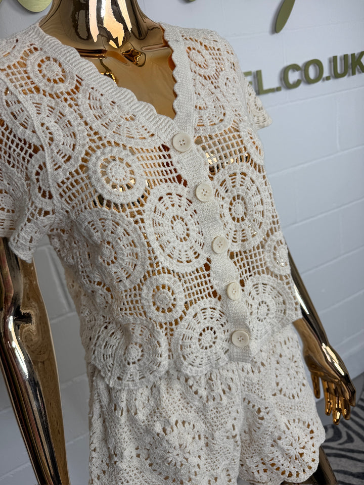 Beige Crochet Button Up Shorts Co-ord