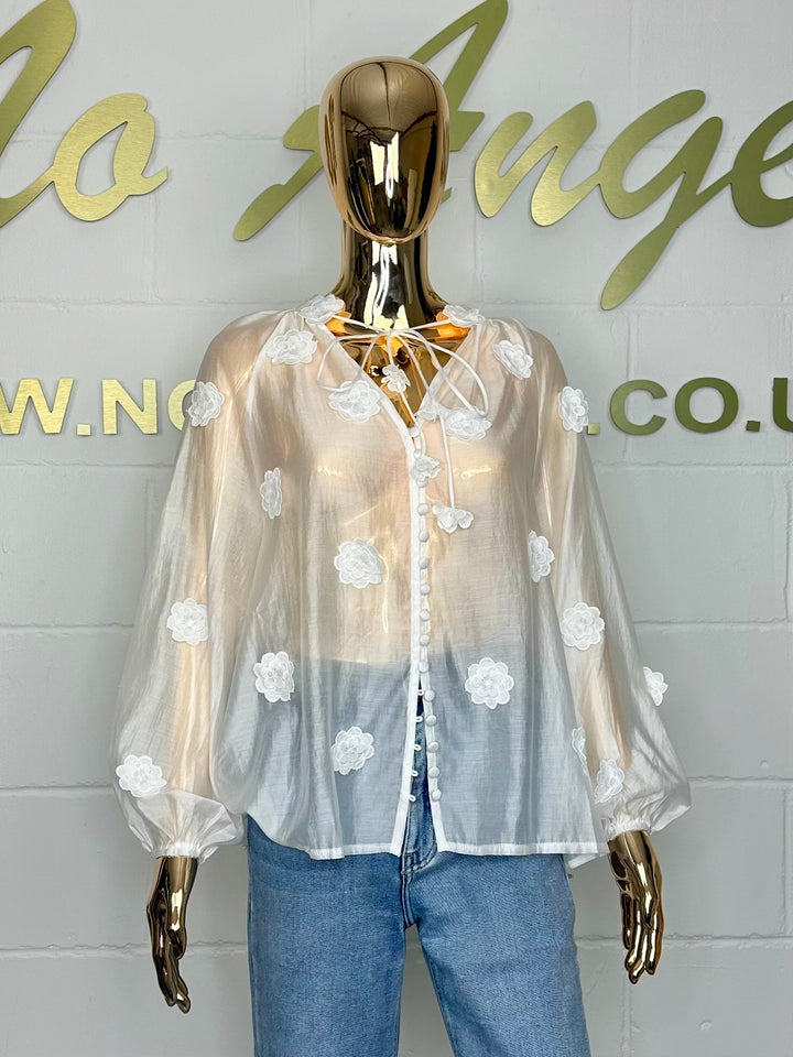 3D Flower Sheer Button Up Blouse (3 Colours)