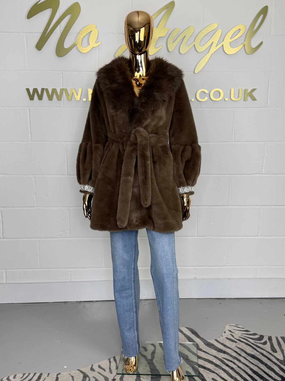 Brown Faux Fur Belted Beaded Cuff Coat