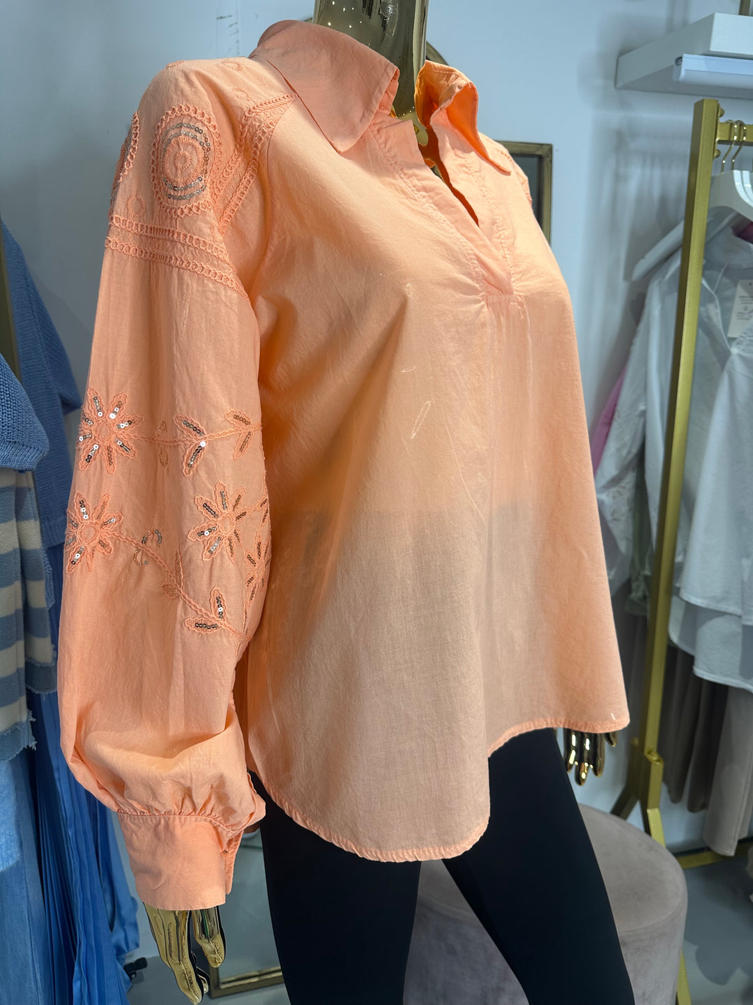 V-Neck Embroidered Sequin Sleeve Shirt (7 Colours)