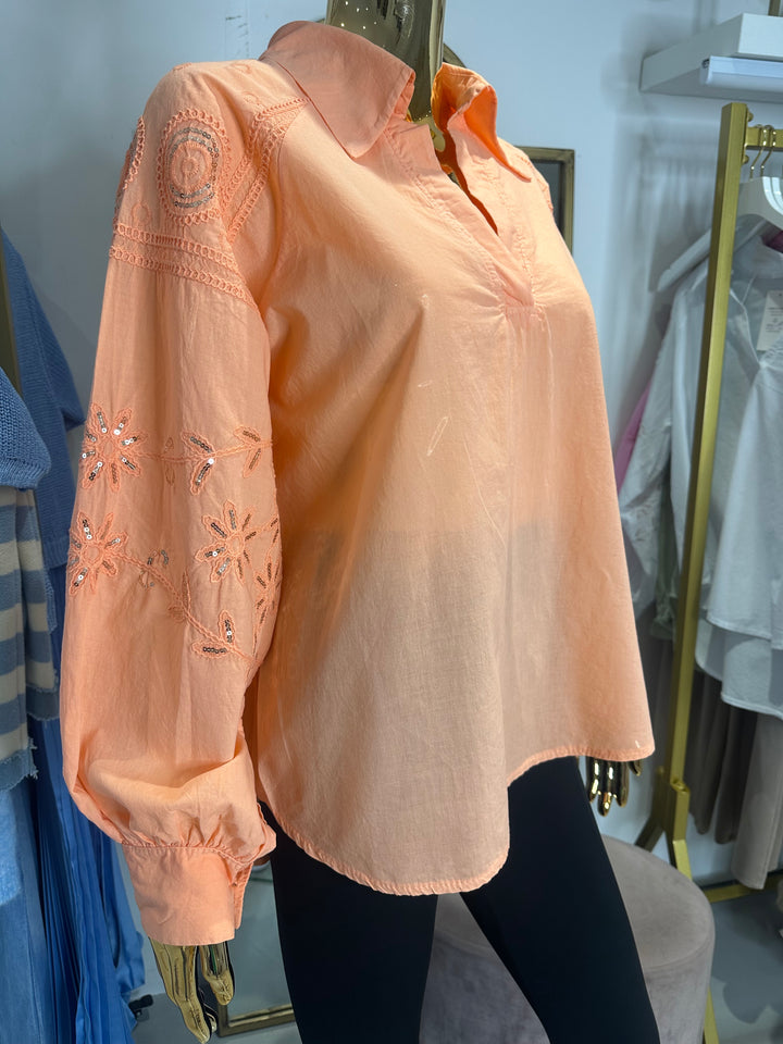 V-Neck Embroidered Sequin Sleeve Shirt (7 Colours)