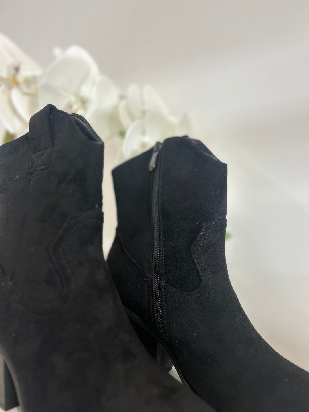 Black Faux Suede Ankle Cowboy Boots