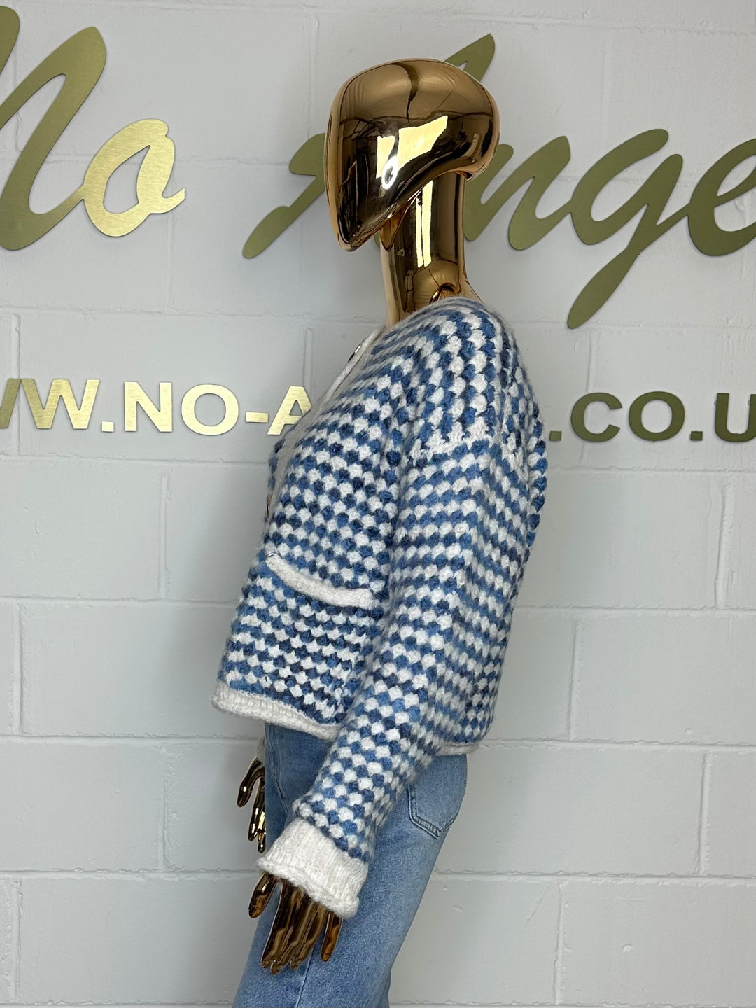 Blue/White Thick Knit Checked Gold Button Cardigan