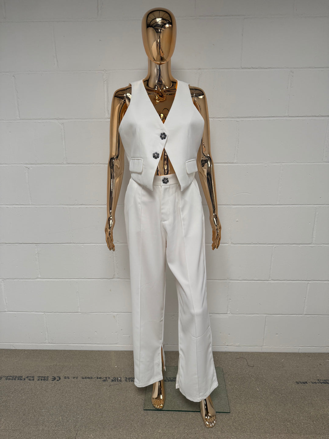 White Jewelled Flower Button Waistcoat & Trouser Co-ord