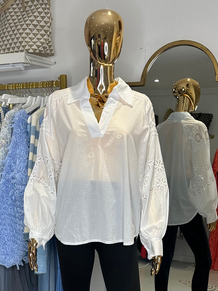 V-Neck Embroidered Sequin Sleeve Shirt (7 Colours)