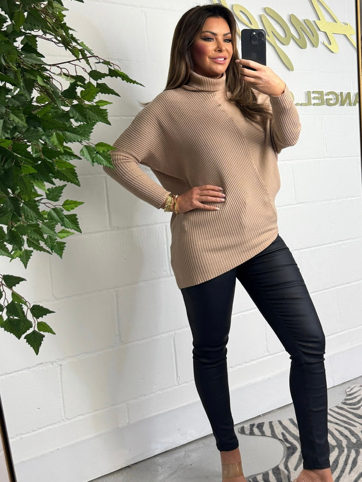 Roll Neck Ribbed Asymmetric Jumper (4 Colours)