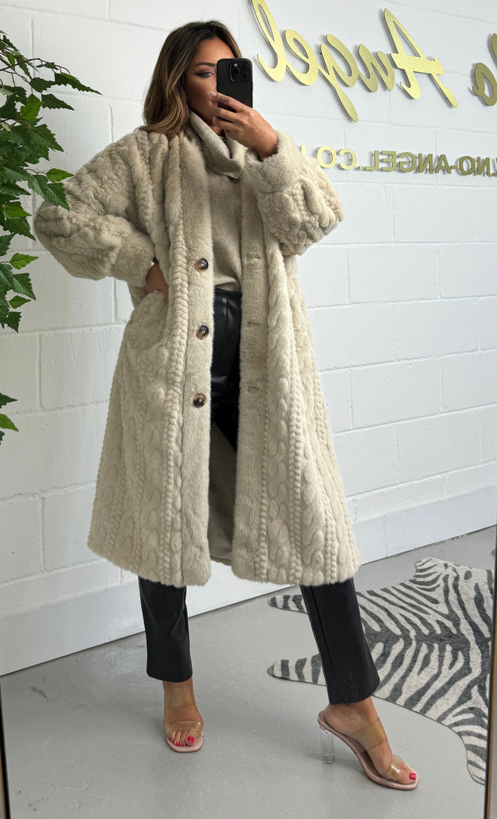 Faux Fur Cable Knit Design Long Button Up Coat (3 Colour)