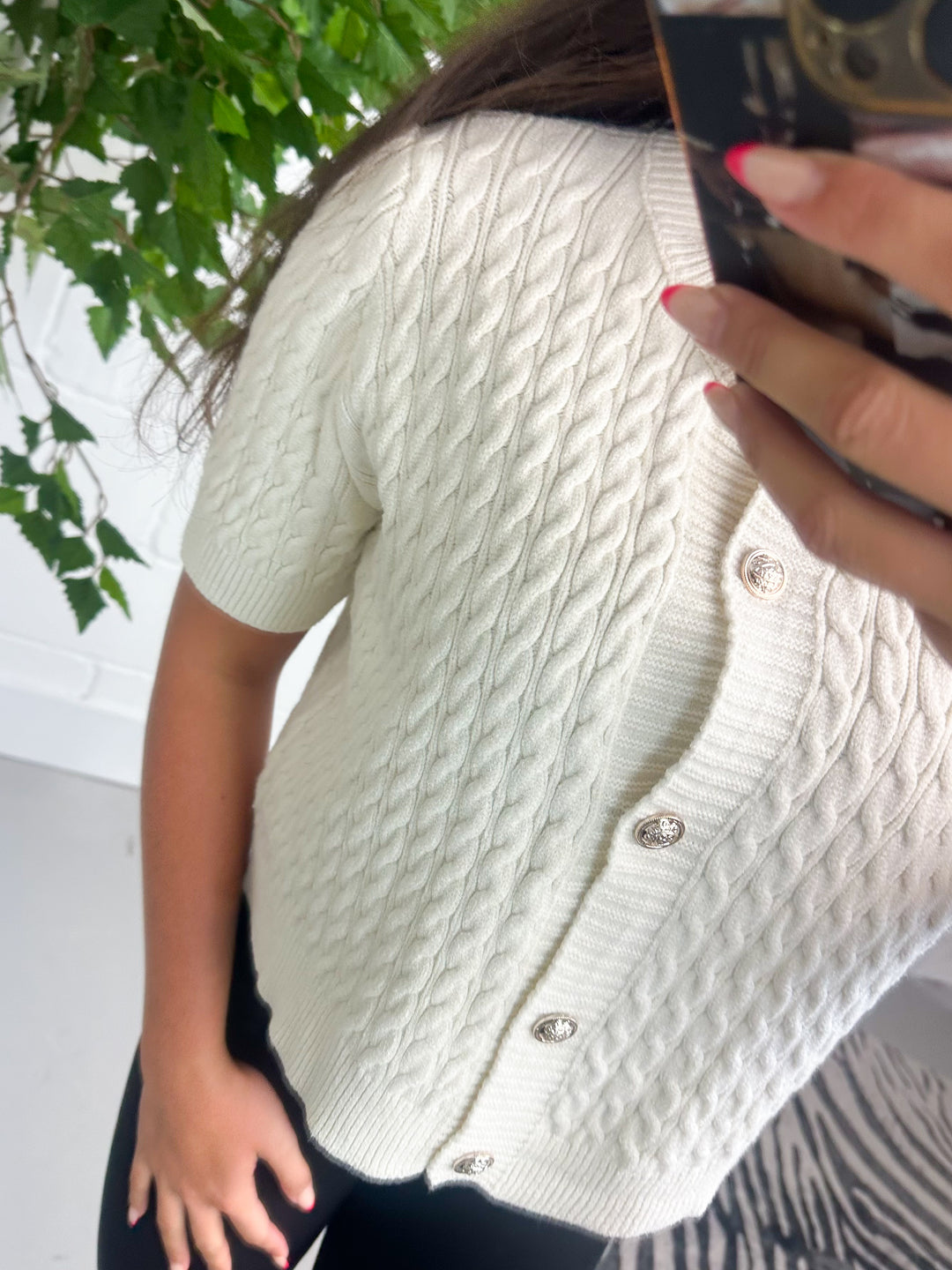 Cable Knit Gold Button Short Sleeve Cardigan