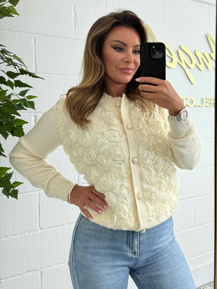 Rose Detailed Pearl Button Soft Knit Cardigan (2 Colours)