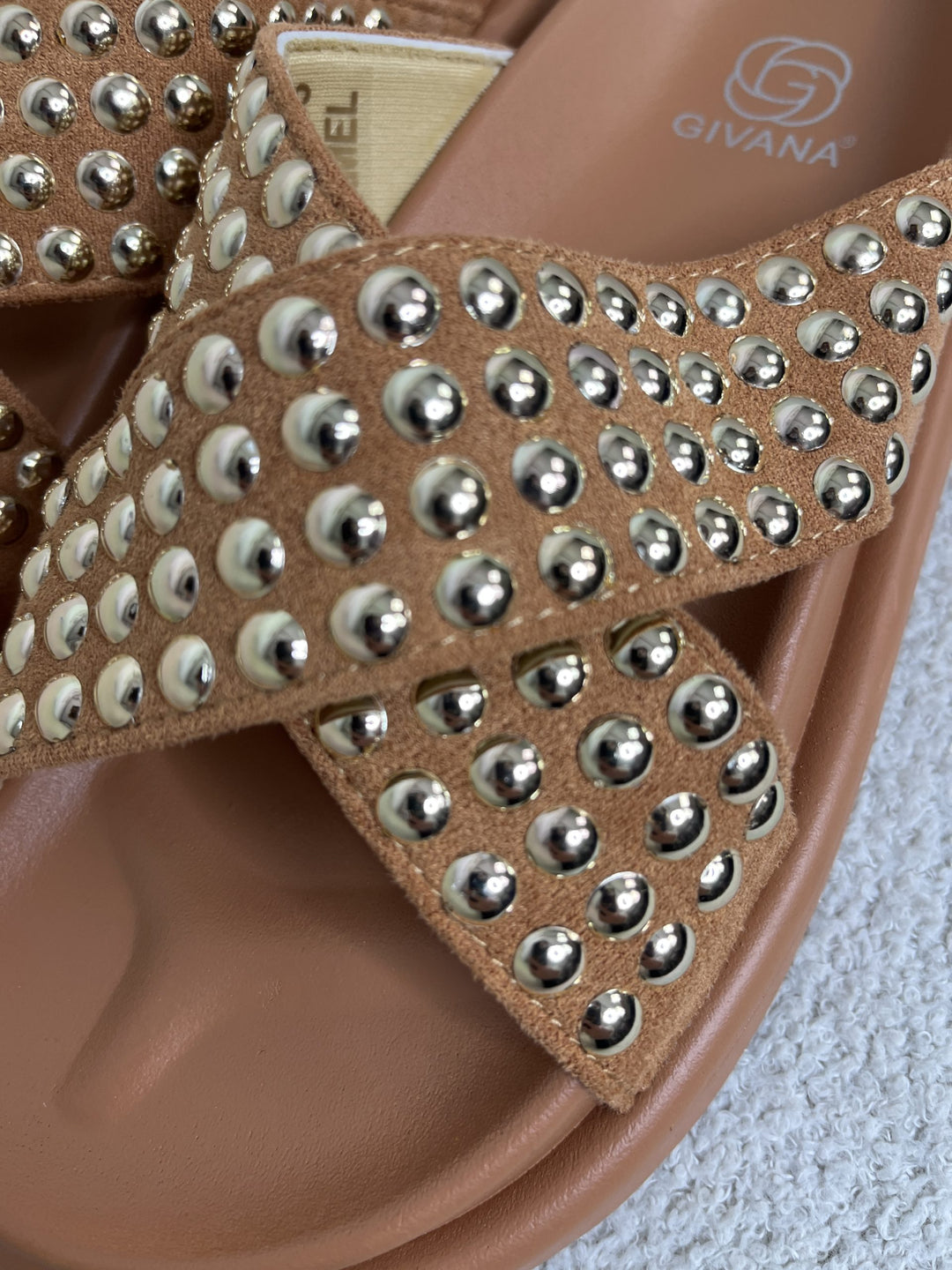 Camel Studded Cross Over Thick Sole Slider 9313