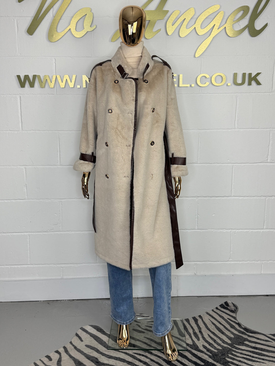 Faux Fur Leather Trim Belted Longline Coat (3 Colours)