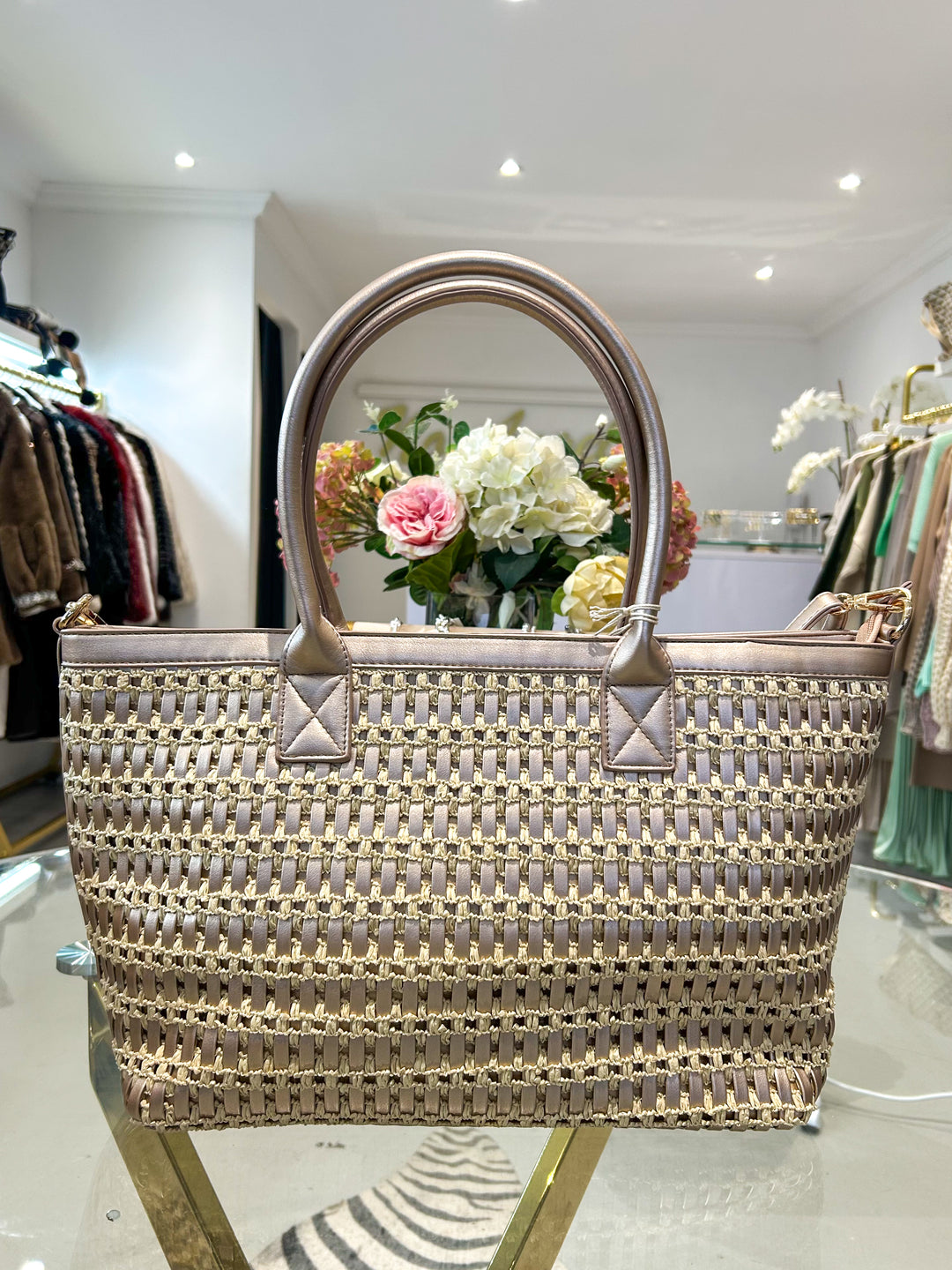 Woven Straw Rose Gold Faux Leather Tote Bag