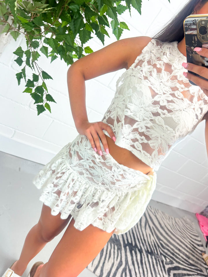 White lace top and skirt beach co-ord