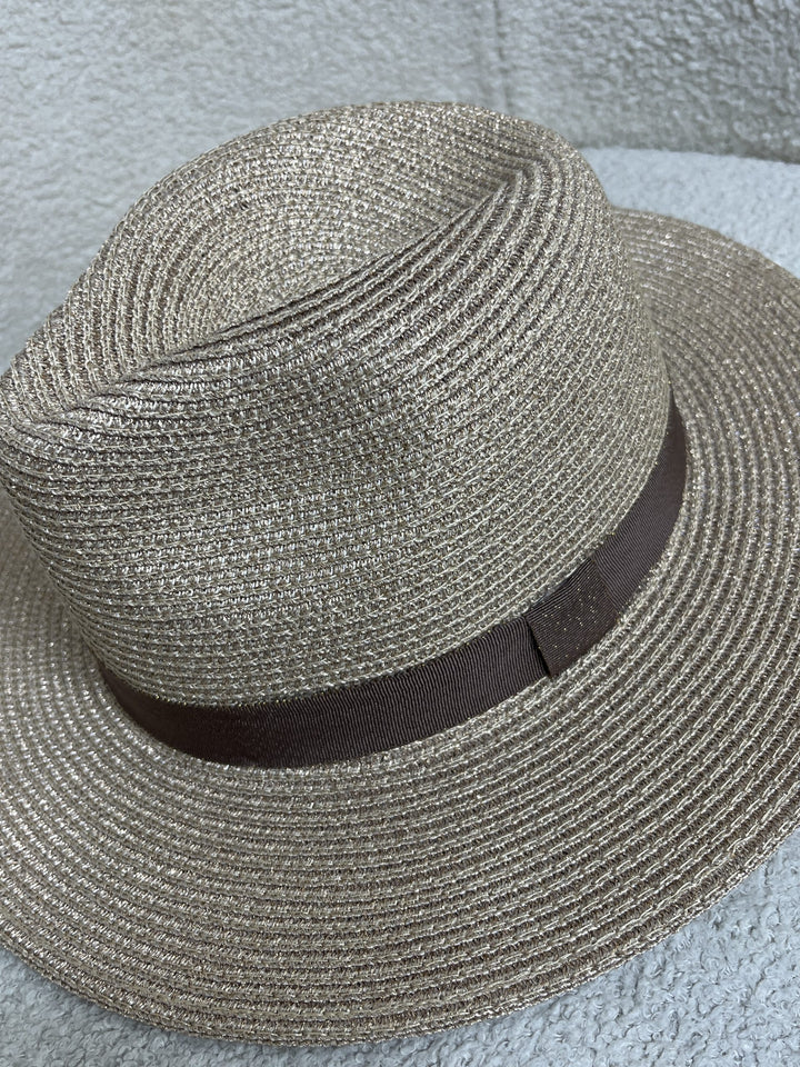 Rose Gold Sparkle Brown Ribbon Straw Hat