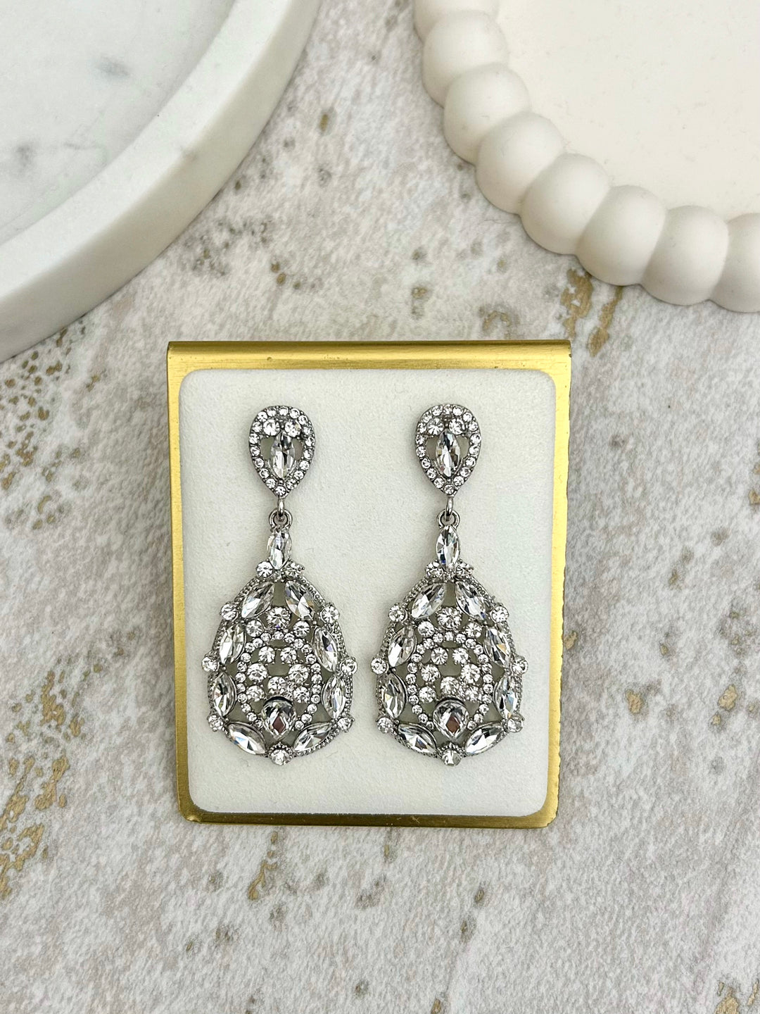 Silver Diamante Oval Drop Dangle Earrings